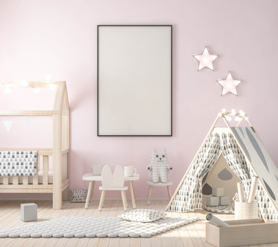 Poster frame mockup in kids room, stylish decor 3d rendering