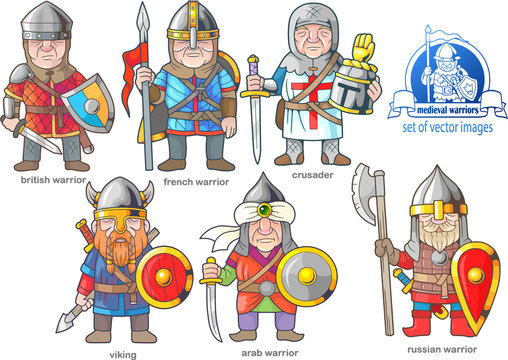 funny medieval warriors, set of cartoon images