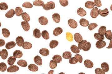 Top view of mix of corn flake and cocoa flavored cereal . Black sheep concept.