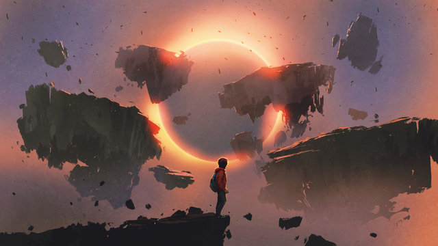 boy standing on the edge of the cliff looking at eclipse and rocks floating in the sky, digital art style, illustration painting
