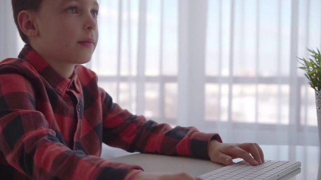 Boy using computer at home. Emotions