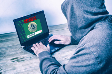 Back view of a hacker wearing a hoodie and stealing bitcoins on a laptop screen
