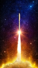 Flying space rocket in the night starry sky. Space exploration background. Elements of this image...