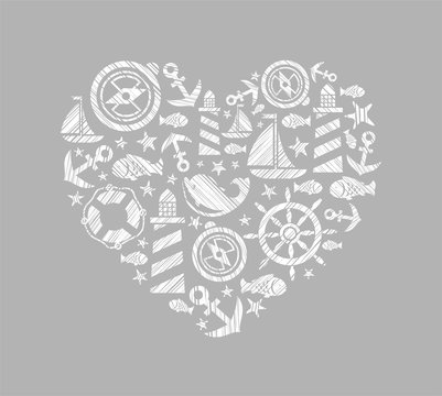 Sea heart background, grey, vector. Dolphin, fish and attributes sea travel. White icons in the shape of a heart. Vector picture. Hatching with a white pencil on a gray field. Imitation.  