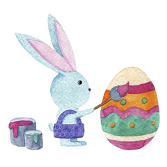 watercolor Easter rabbit paint the egg with a brush