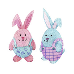 watercolor Easter bunnies eggs. Boy and girl