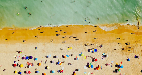 Aerial Drone View Of People On Beach In Portugal