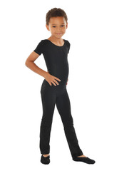 Сute boy in black dance sport wear costume. Children dancing 