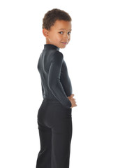 Cute african american boy in black dance wear. Kids dancing. 