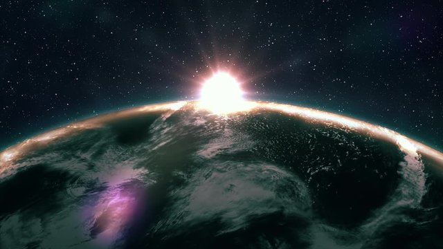 Beautiful sunrise view from space on Planet Earth. World close up rotating in Universe of blue sky stars. High detailed 4k 3D Render animation. Elements of this image furnished by NASA