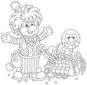 Friendly smiling circus clown in a funny suit with his toys in a suitcase, a black and white  vector illustration in a cartoon style for a coloring book