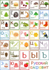 Colorful Russian alphabet with pictures and titles for children education