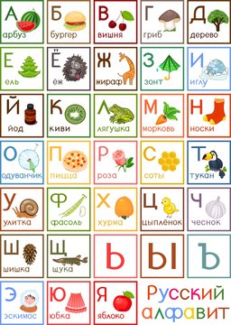 Colorful Russian alphabet with pictures and titles for children education