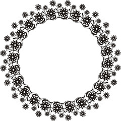 Black and white round frame with floral silhouettes. 