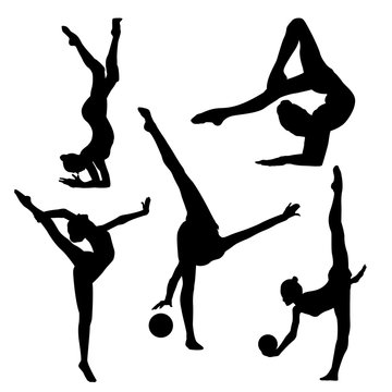 Black silhouette of gymnast on white background, black in white