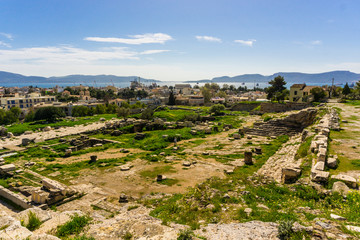 Fototapeta na wymiar Archaeological site of Eleusis (Eleusina). The Telesterion was built in the Mycenaean period as a home for Demeter. Later on, it became the hall in which events dedicated to Demeter and Persephone