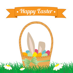 Bunny and eggs in basket in grass. Typographic designs on banner for Easter Day. Vector illustration on a white background