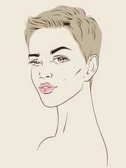 Portrait of beautiful african american woman with short haircut line art sketch on paper background hand drawn vector illustration. Design for beauty salon or cosmetic product.