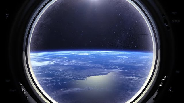 View of the Earth through the window of the spaceship. ISS. Flies forward. Realistic atmosphere. Volumetric clouds. View from space. Starry sky. Space, earth, orbit,