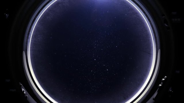 A view of the starry sky through the window of the international space station. ISS. Flight right. View from space. Starry sky. Space. 4K