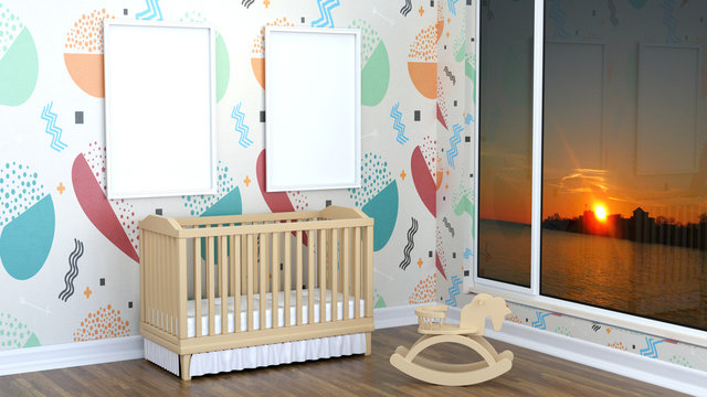 Children's room with landscape, rocking horse and cot. 3D rendering