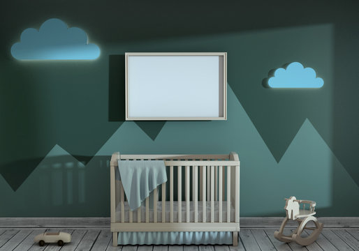 3d illustration of a children's room with a baby bed and toys. Mock up of the children's bedroom.