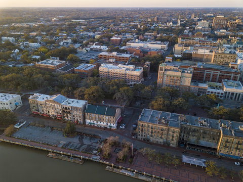 Aerial shot of River Street and downtown Savannah, Georgia.