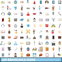 100 brainchild icons set, cartoon style