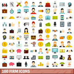 100 firm icons set, flat style