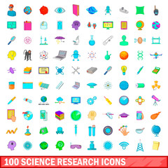100 science research icons set, cartoon style