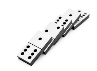 Row of falling domino pieces on white.