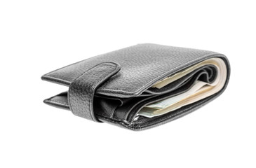 Closed black wallet with money isolated on white.