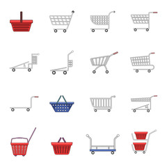 Shopping cart icons set, cartoon style