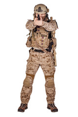 Special forces soldier with rifle on white background. army, military and people concept