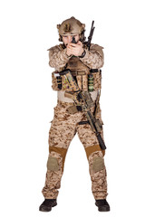 Special forces soldier with rifle on white background. army, military and people concept