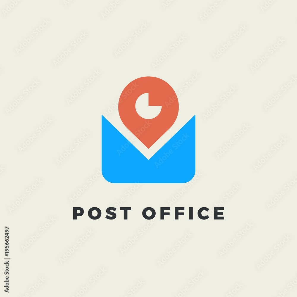 Poster minimalist flat logo of stylized envelope, navigation point and clock. for delivery service or post 