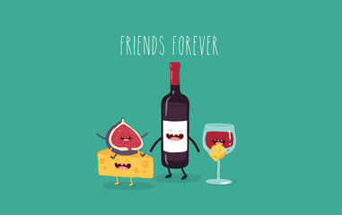 This is a vector illustration. The funny bottle of wine, cheese and fig are friends forever. You can use for cards, fridge magnets, stickers, posters.