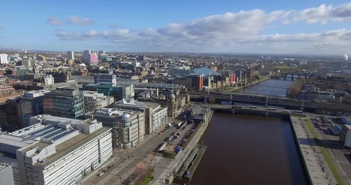 Aerial footage looking up the river Clyde from near the Kingston Bridge. 