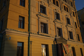 Traditional Moscow house in spring sun light