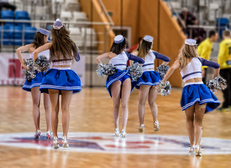 cheerleaders dance at a sports match