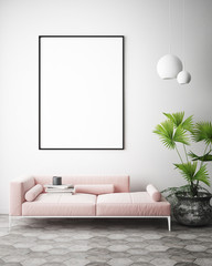 mock up poster frame in interior background, Scandinavian style, 3D render, 3D illustration