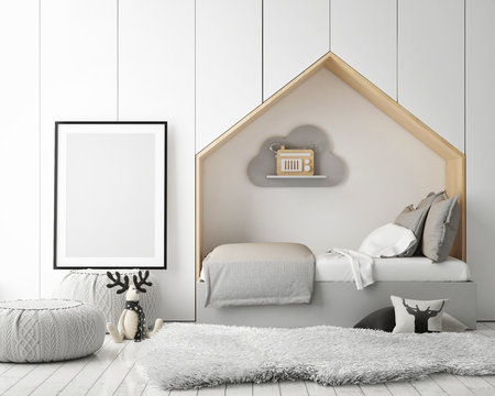 mock up poster frames in children bedroom, scandinavian style interior background, 3D render, 3D illustration