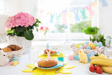 Easter morning breakfast. Eggs decor table setting