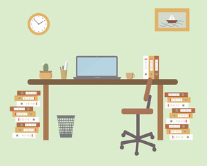 A working place in the office on the green background. Vector illustration. Table, chair, clock, picture, piles of folders, bin. Perfect for advertising, brand sites and magazines 