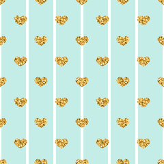 Gold heart seamless pattern. Blue-white geometric stripes, golden confetti-hearts. Symbol of love, Valentine day holiday. Design wallpaper, background, fabric texture. Vector illustration
