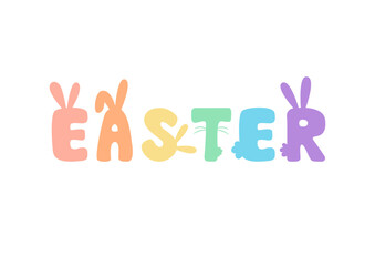 happy easter bunny text, cute rabbit calligraphy, vector illustration