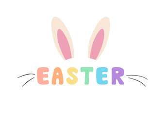 Naklejka premium happy easter bunny text, cute rabbit calligraphy, vector illustration