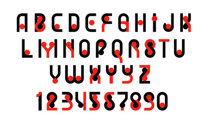 Latin modern bold font alphabet, upper case letters and numbers. Vector, two colors - red and black. Can also be a logotype logo.