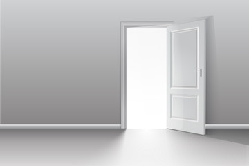 Open door in a white room with the outgoing light. Chromatic image. Vector background