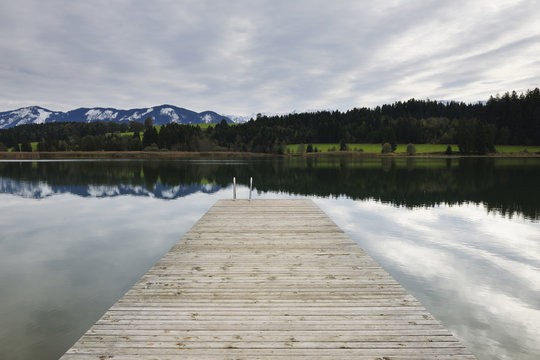 Wooden Jetty in Lake, Illasbergsee, Halblech, Bavaria, Germany